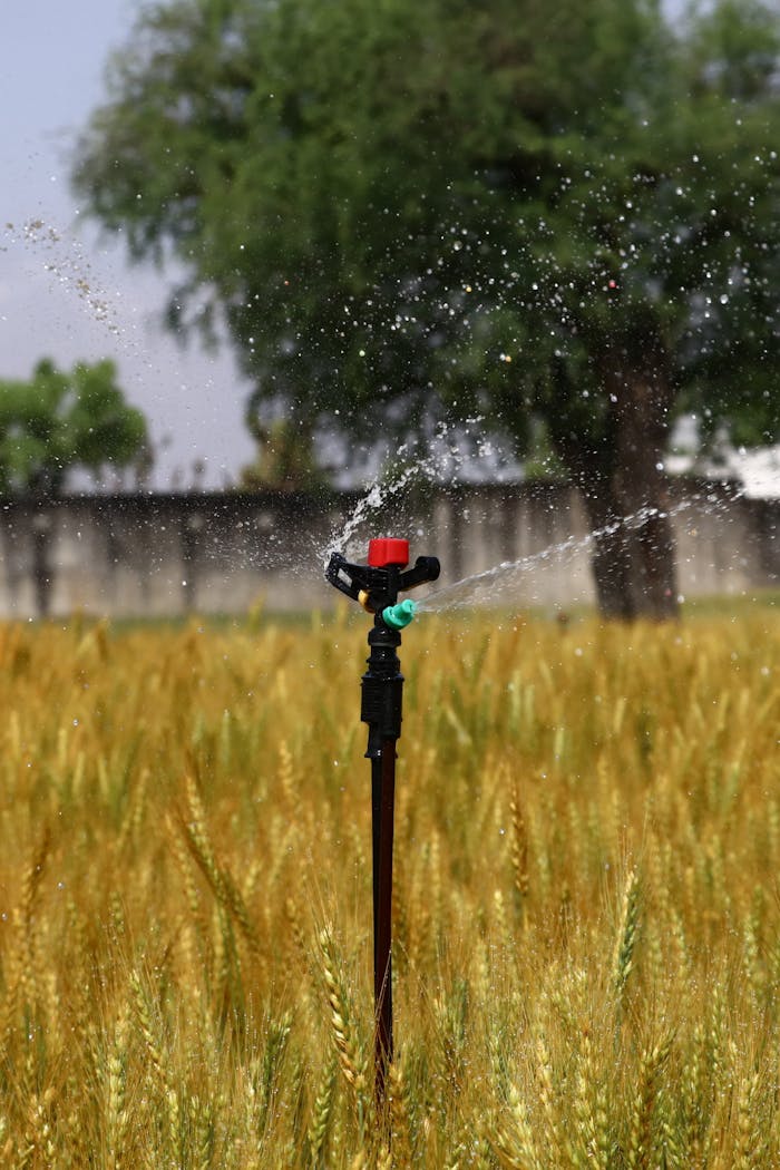 Sprinkler watering a lush wheat field in Rajasthan, India.